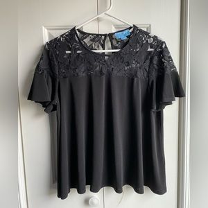 CeCe Womens Black Short Sleeve Lace Yoke Top Ruffle Sleeve Blouse Size Medium